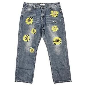 Miss Look   Size 3XL   Med Blue SUNFLOWER EMBELLISHED JEANS   Lightly Distressed